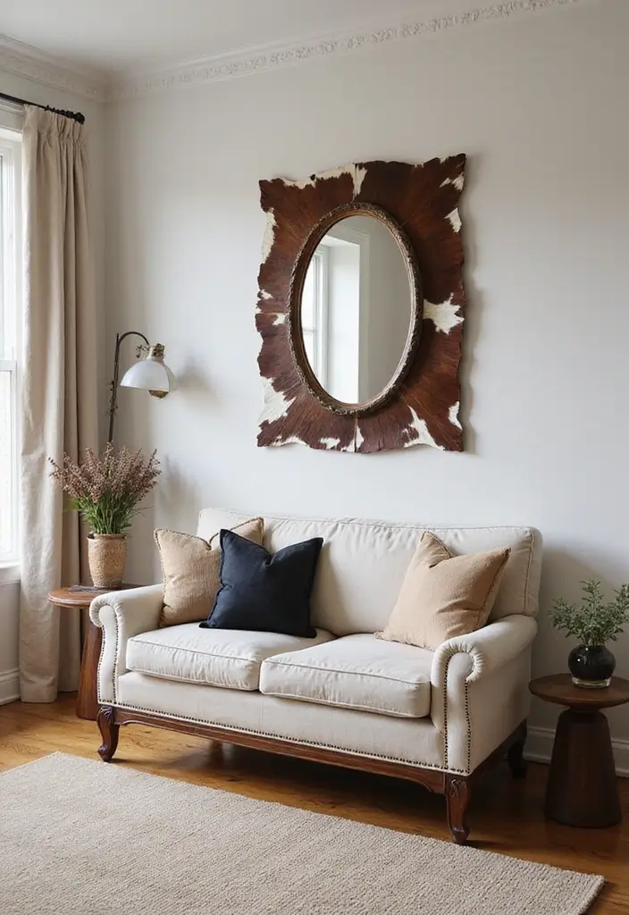 30 Cowhide Wall Ideas for a Bold Western Touch - 16. Cowhide Mirrors