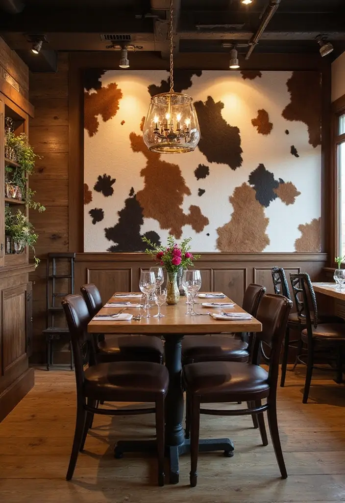 30 Cowhide Wall Ideas for a Bold Western Touch - 17. Cowhide Panels in Dining Areas