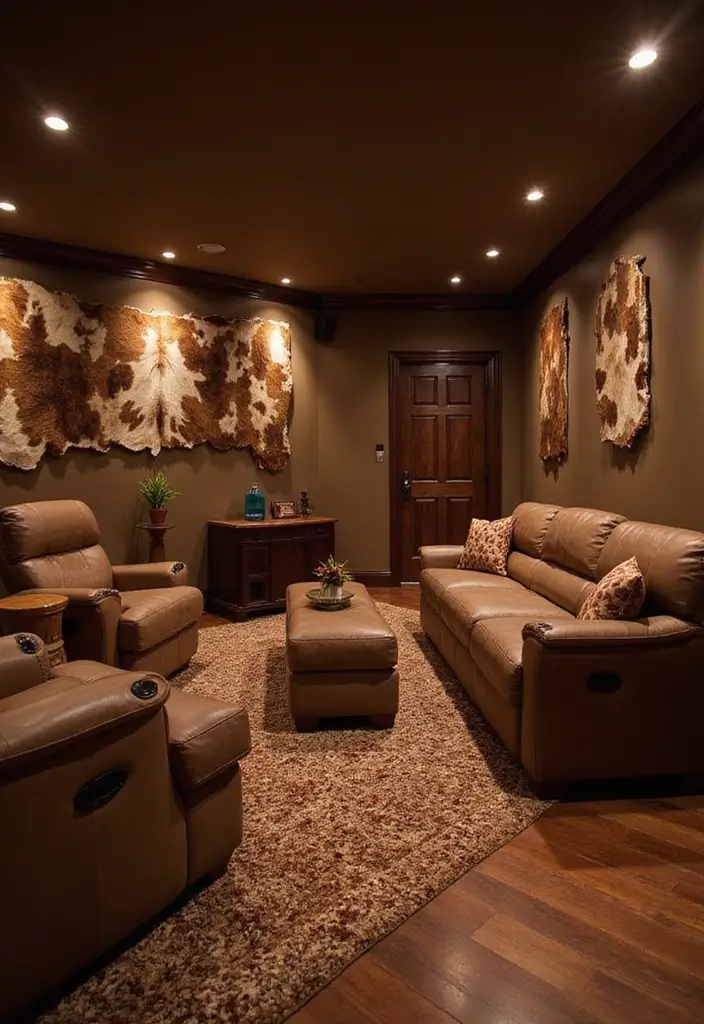 30 Cowhide Wall Ideas for a Bold Western Touch - 18. Cowhide for Home Theaters