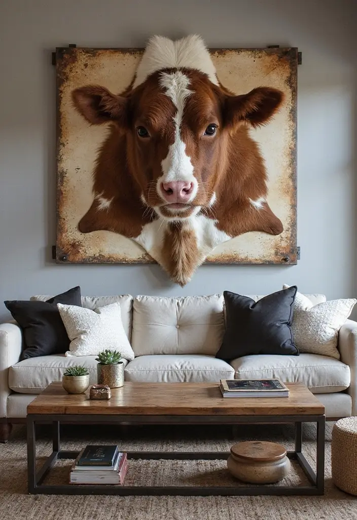 30 Cowhide Wall Ideas for a Bold Western Touch - 19. Cowhide with Metal Accents
