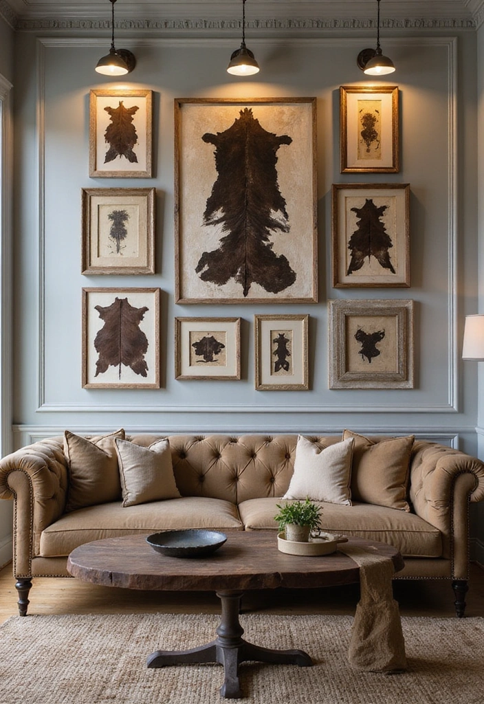 30 Cowhide Wall Ideas for a Bold Western Touch - 2. Accent Wall with Framed Cowhide