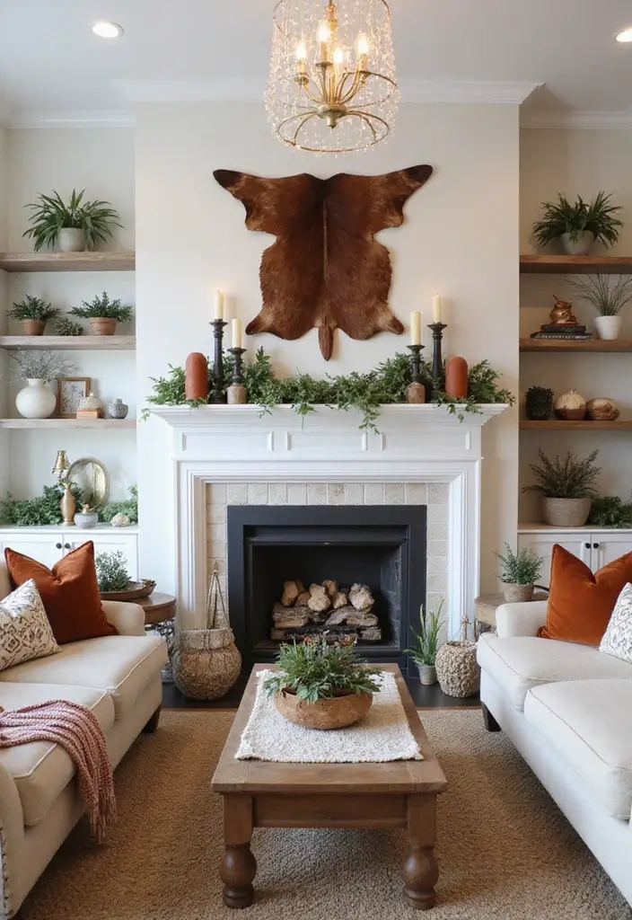 30 Cowhide Wall Ideas for a Bold Western Touch - 20. Seasonal Decor with Cowhide