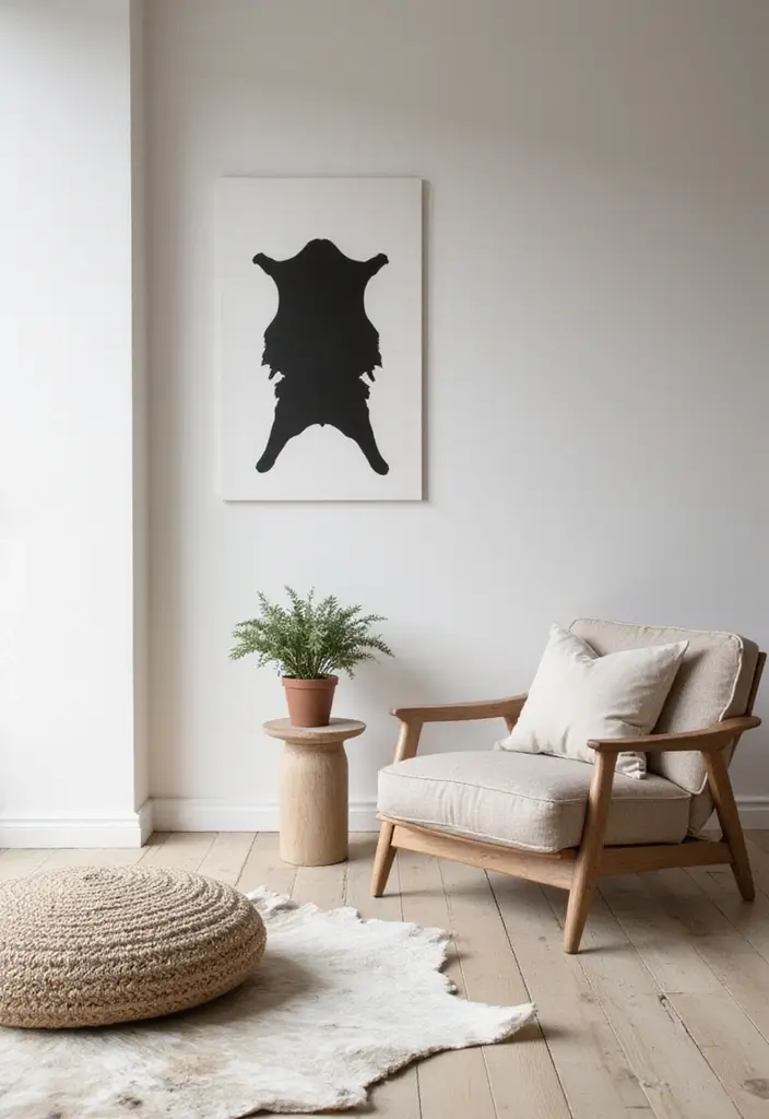 30 Cowhide Wall Ideas for a Bold Western Touch - 21. Minimalist Cowhide Decor