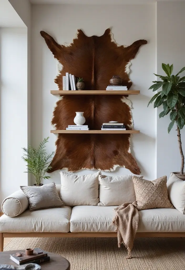 30 Cowhide Wall Ideas for a Bold Western Touch - 24. Cowhide as a Backdrop for Shelves