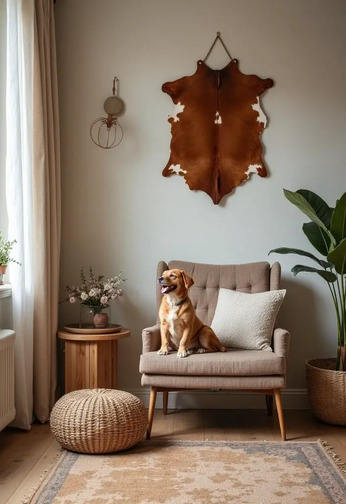 30 Cowhide Wall Ideas for a Bold Western Touch - 25. Cowhide for Pet-friendly Spaces
