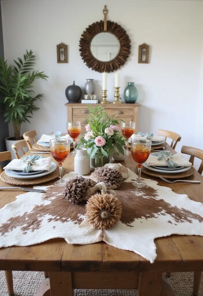 30 Cowhide Wall Ideas for a Bold Western Touch - 26. Cowhide Farmhouse Table Accents