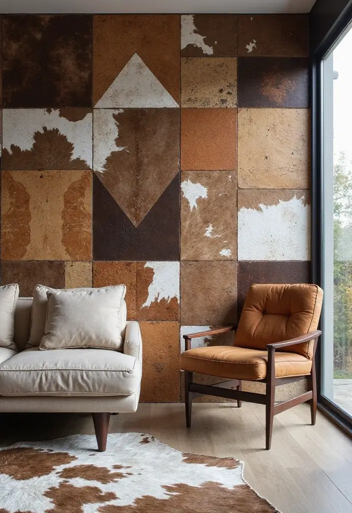 30 Cowhide Wall Ideas for a Bold Western Touch - 3. Cowhide Tiles for a Contemporary Twist