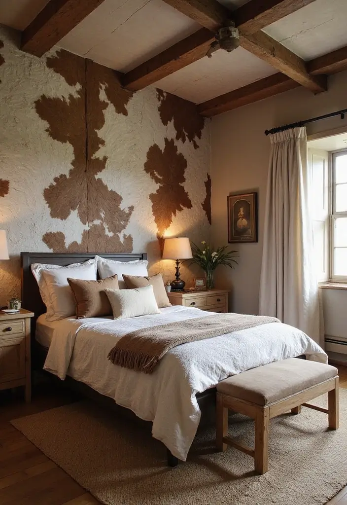30 Cowhide Wall Ideas for a Bold Western Touch - 4. Rustic Cowhide in the Bedroom