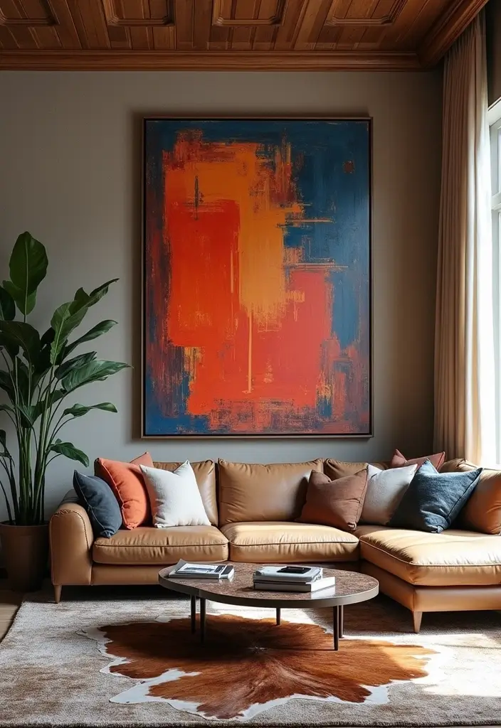 30 Cowhide Wall Ideas for a Bold Western Touch - 5. Cowhide Under a Modern Art Piece