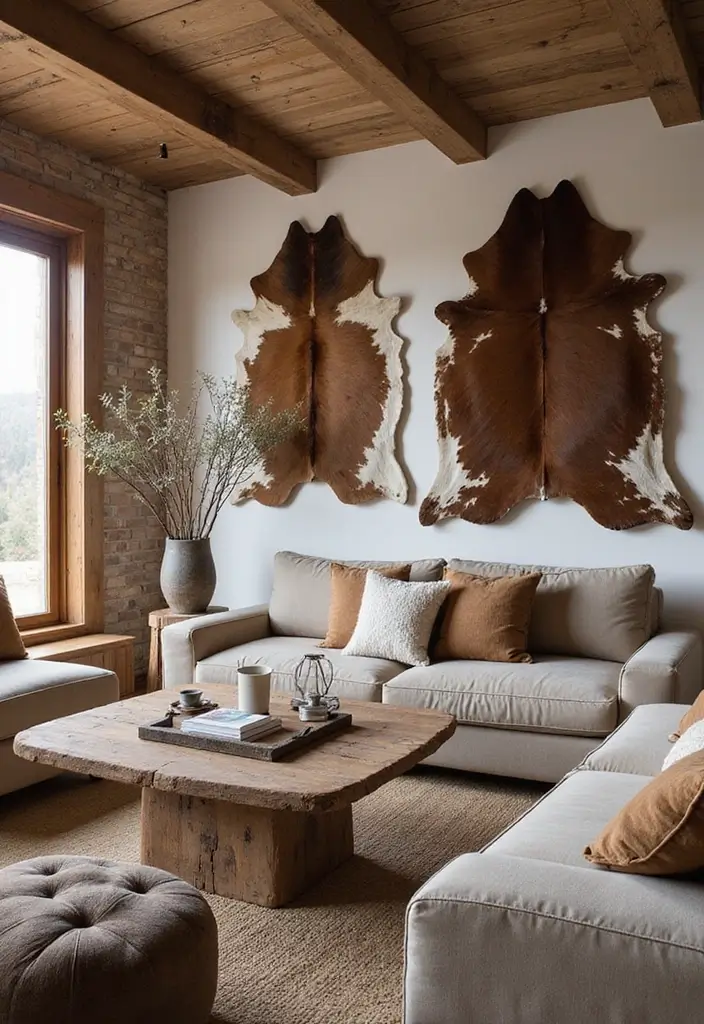 30 Cowhide Wall Ideas for a Bold Western Touch - 7. Large Cowhide Rugs on Walls