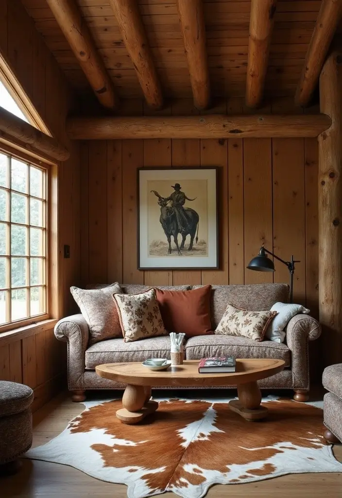 30 Cowhide Wall Ideas for a Bold Western Touch - 8. Cowhide Combined with Wood