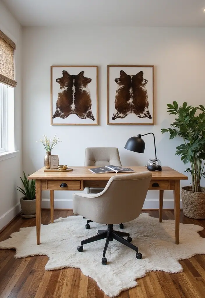 30 Cowhide Wall Ideas for a Bold Western Touch - 9. Cowhide Accents in a Home Office