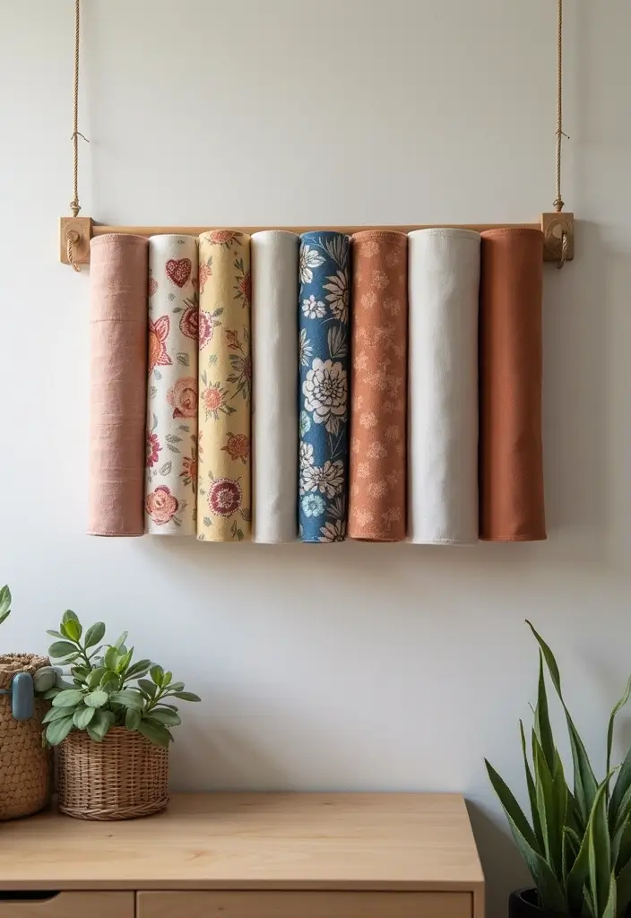 30 Craft Room Storage Ideas to Organize Your Creative Space - 19. Tension Rods for Fabric Rolls