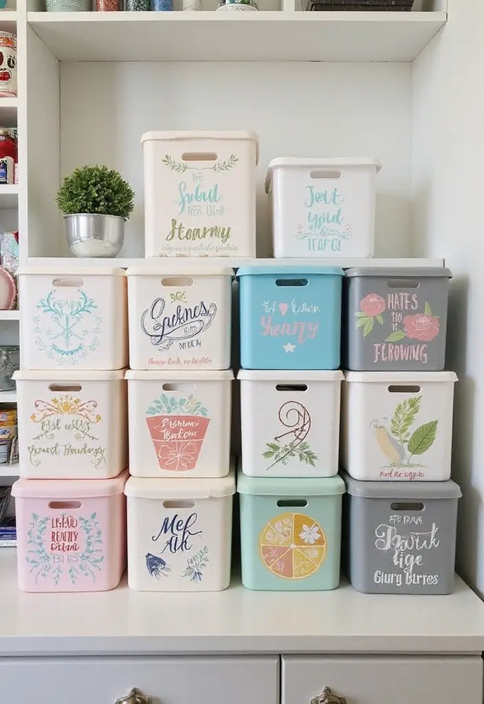 30 Craft Room Storage Ideas to Organize Your Creative Space - 20. Stenciled Storage Boxes