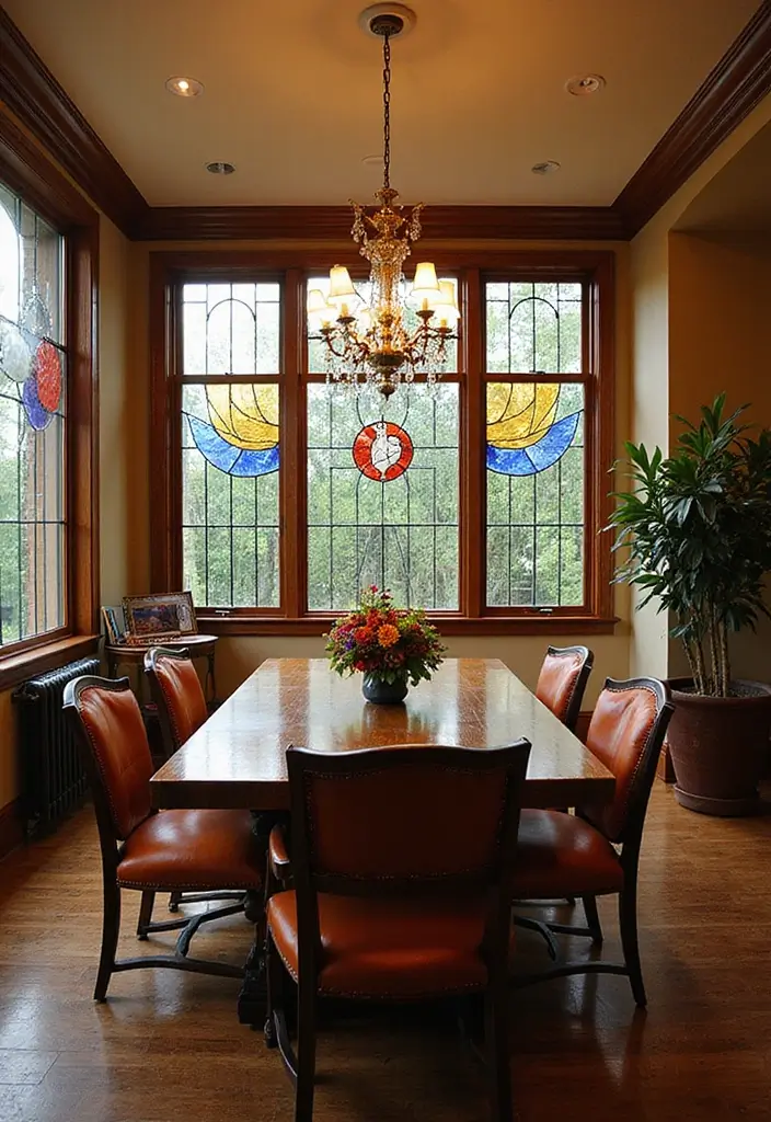 30 Dining Room Accent Wall Ideas That Steal the Show - 16. Stained Glass Inserts