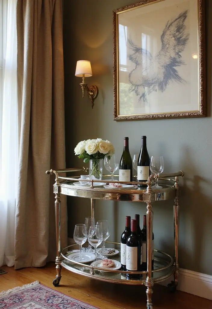 30 Dining Room Mirror Wall Ideas for a Luxe Look - 27. Mirrored Serving Cart