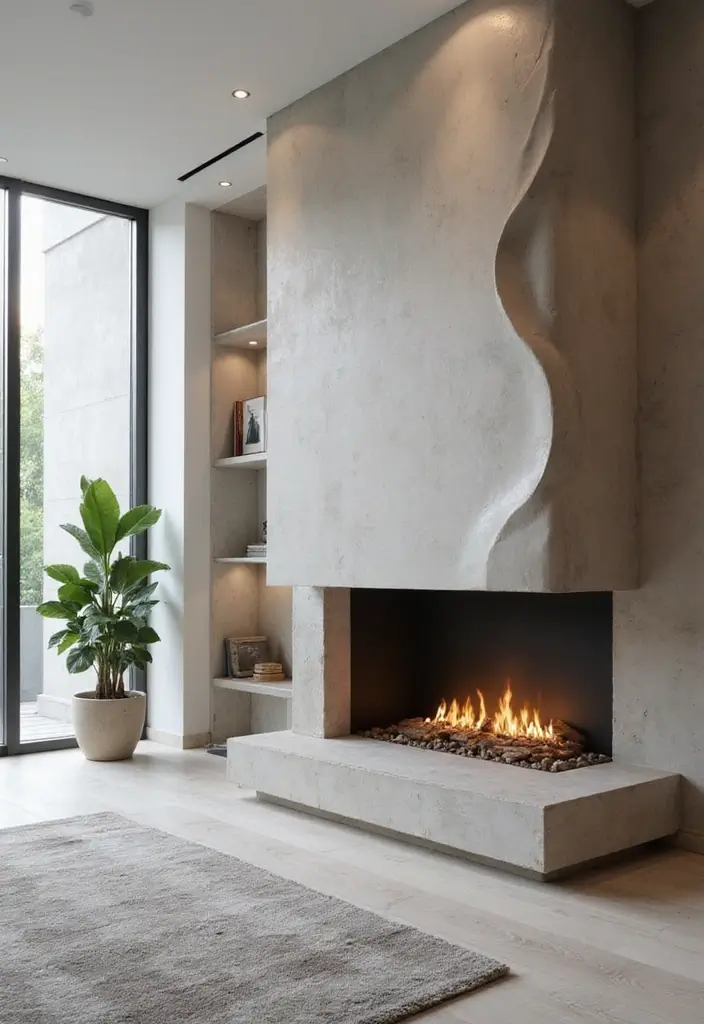 30 Flat Fireplace Wall Ideas for a Sleek Minimalist Look 125 30 Flat Fireplace Wall Ideas for a Sleek Minimalist Look - 21. Eye-Catching Sculptural Shapes