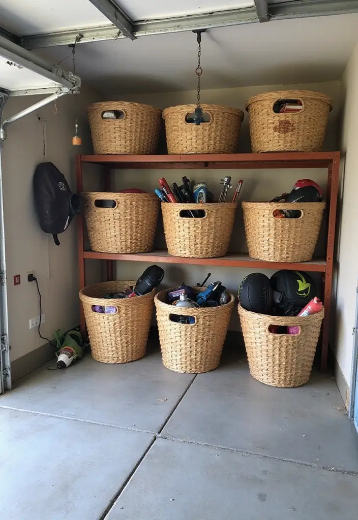 30 Garage Wall Ideas to Organize and Upgrade Your Space - 18. Large Baskets for Bulk Items