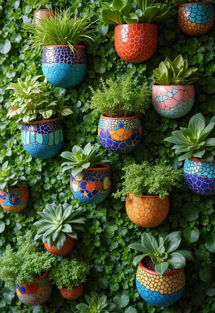 30 Green Wall Ideas for a Fresh and Modern Home - 20. Colorful Mosaic Planters