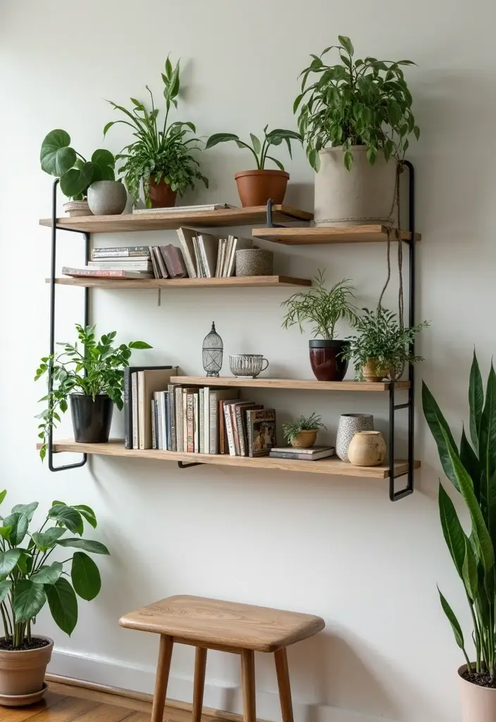 30 Green Wall Ideas for a Fresh and Modern Home - 23. Integrated Shelf and Plant Display