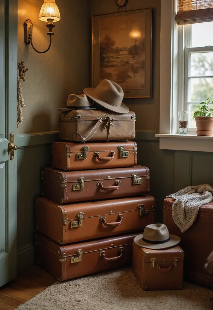 30 Hat Storage Ideas That Keep Your Collection Looking Sharp 106 30 Hat Storage Ideas That Keep Your Collection Looking Sharp - 18. Vintage Suitcases for Storage