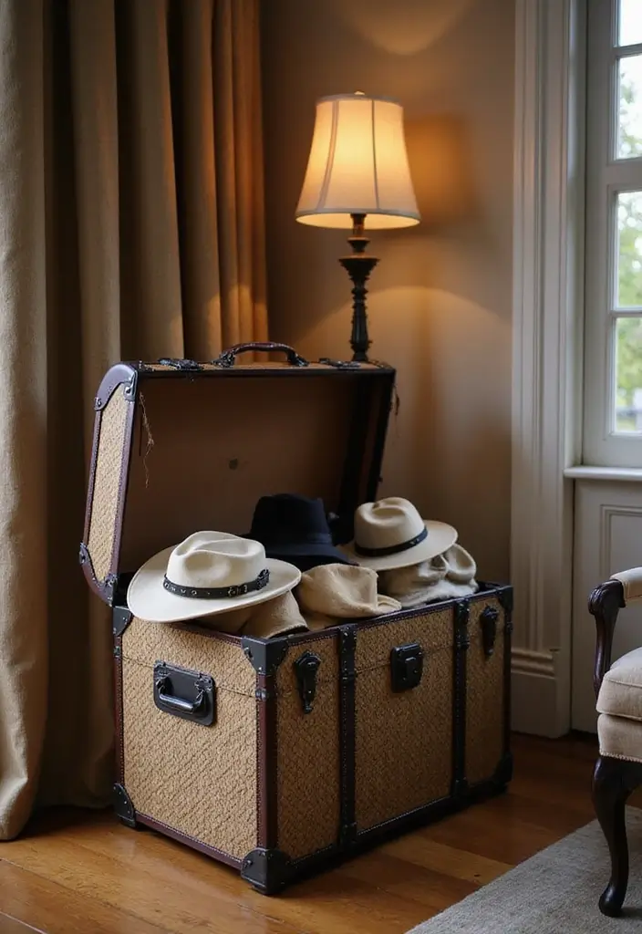 30 Hat Storage Ideas That Keep Your Collection Looking Sharp 170 30 Hat Storage Ideas That Keep Your Collection Looking Sharp - 28. Decorative Trunks for Hat Storage
