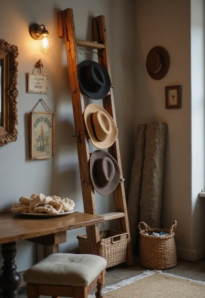30 Hat Storage Ideas That Keep Your Collection Looking Sharp 15 30 Hat Storage Ideas That Keep Your Collection Looking Sharp - 3. Vintage Ladder Display