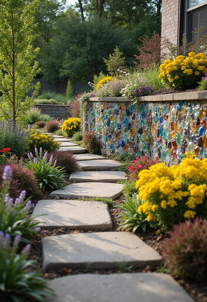 30 Inexpensive Retaining Wall Ideas That Look Amazing - 23. Artistic Wall with Recycled Glass