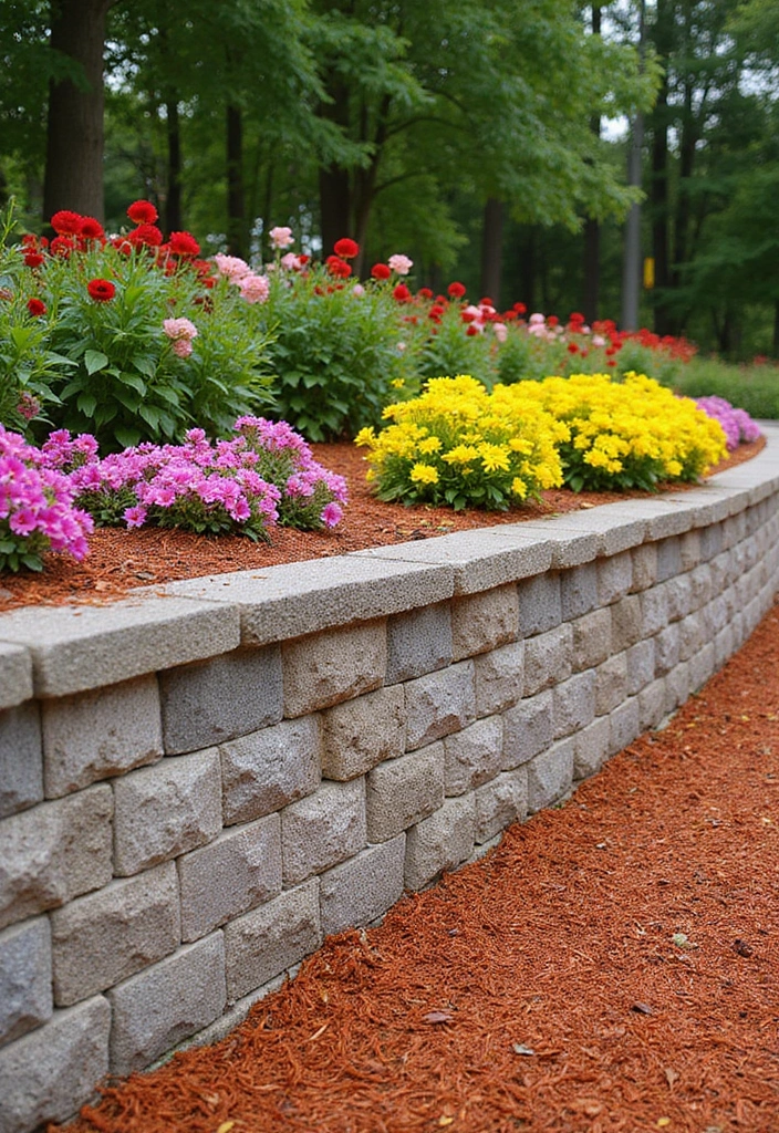 30 Inexpensive Retaining Wall Ideas That Look Amazing - 26. Colorful Mulch Retaining Wall