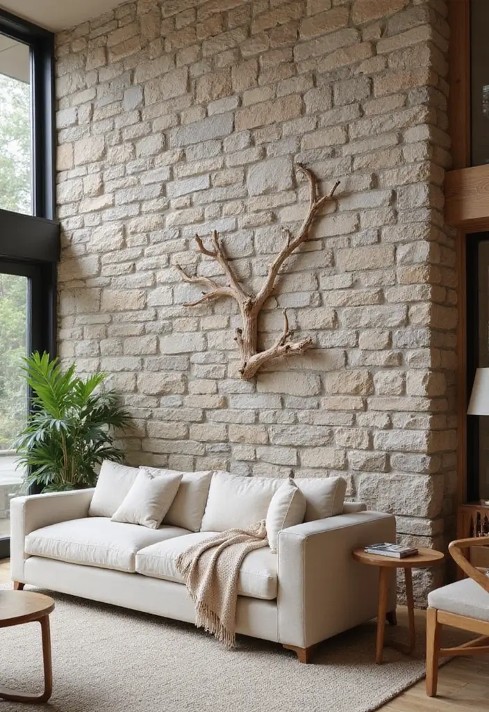 30 Interior Stone Wall Ideas for a Natural Elegant Touch 98 30 Interior Stone Wall Ideas for a Natural Elegant Touch - 16. Artistic Stone Wall with Natural Elements