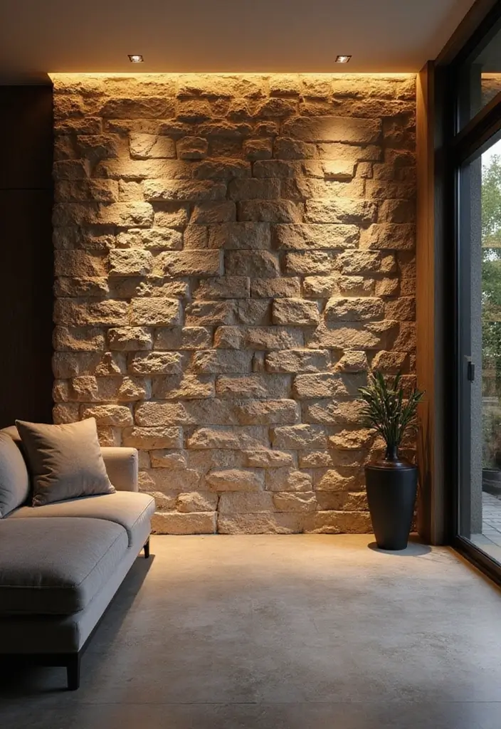 30 Interior Stone Wall Ideas for a Natural Elegant Touch 124 30 Interior Stone Wall Ideas for a Natural Elegant Touch - 20. Stone Wall with Artistic Lighting