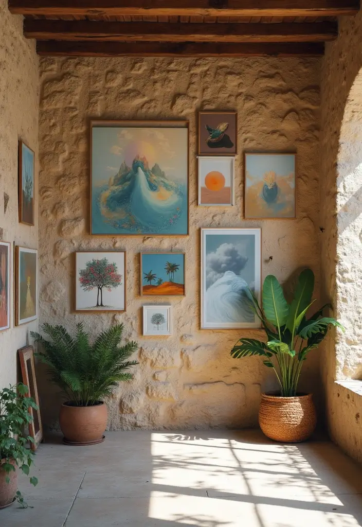 30 Interior Stone Wall Ideas for a Natural Elegant Touch 171 30 Interior Stone Wall Ideas for a Natural Elegant Touch - 27. Stone Wall with Art Installations