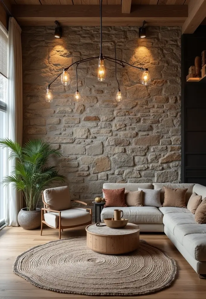 30 Interior Stone Wall Ideas for a Natural Elegant Touch 185 30 Interior Stone Wall Ideas for a Natural Elegant Touch - 29. Rustic Stone Wall with Modern Decor