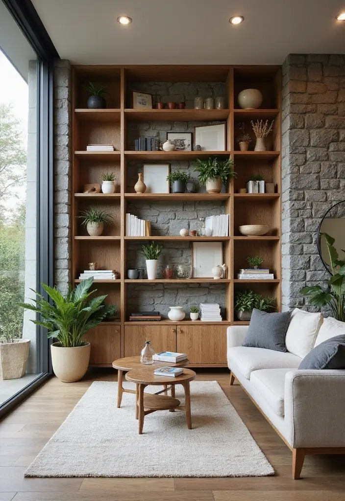 30 Interior Stone Wall Ideas for a Natural Elegant Touch 36 30 Interior Stone Wall Ideas for a Natural Elegant Touch - 6. Stone Wall with Built-in Shelving