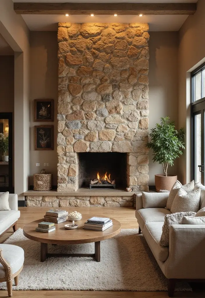 30 Living Room Feature Wall Ideas That Wow Instantly - 11. Stone Feature Wall