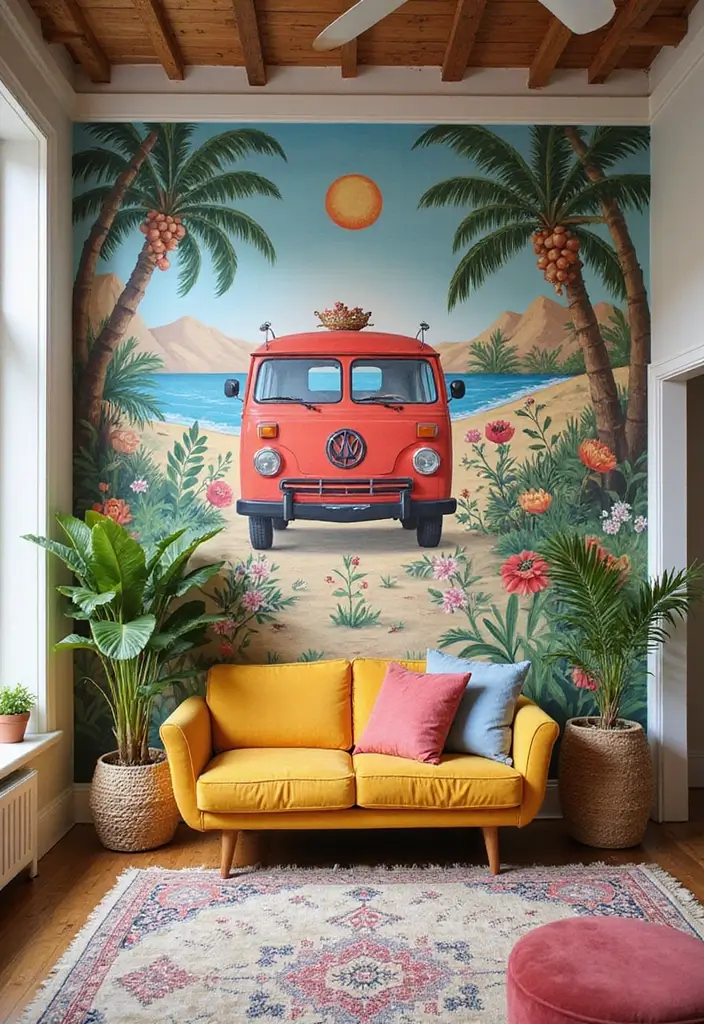 30 Living Room Feature Wall Ideas That Wow Instantly - 16. Whimsical Mural