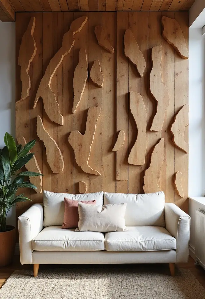 30 Living Room Feature Wall Ideas That Wow Instantly - 17. Artistic Wood Slats