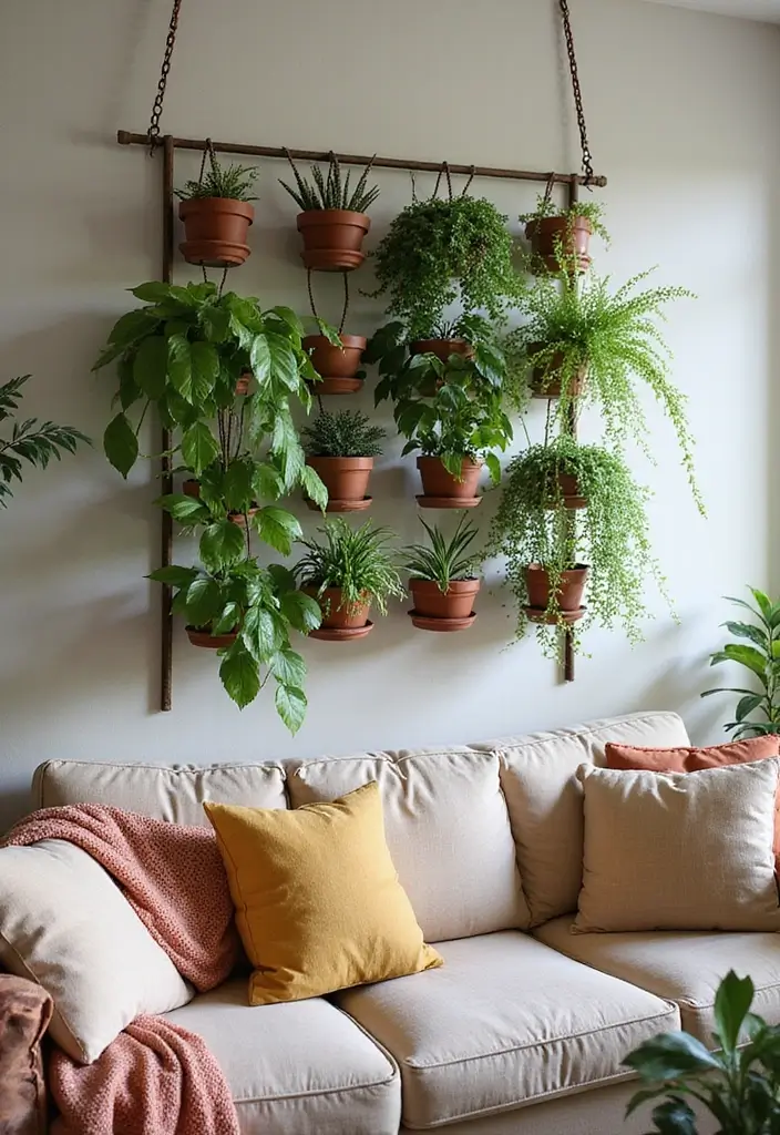 30 Living Room Feature Wall Ideas That Wow Instantly - 18. Hanging Planter Wall