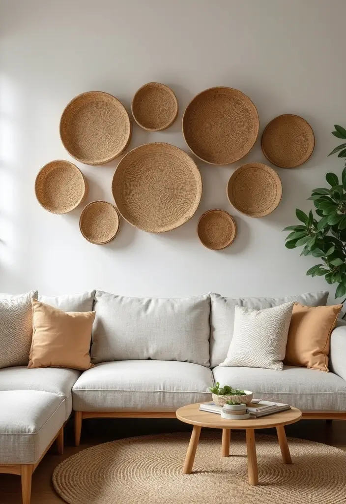 30 Living Room Feature Wall Ideas That Wow Instantly - 22. Woven Wall Baskets