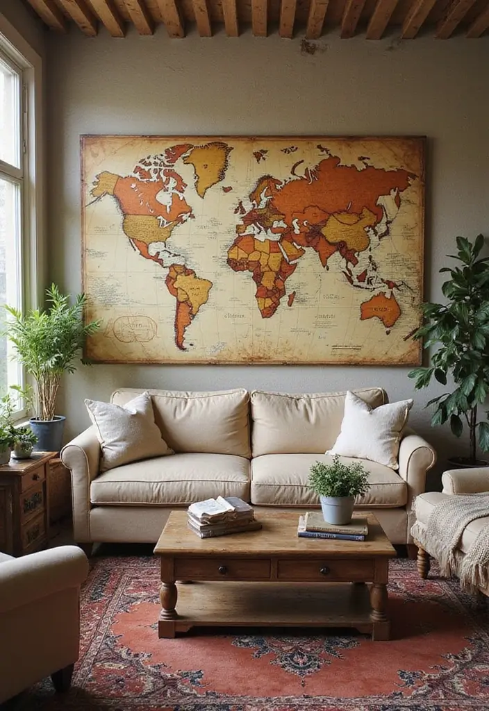 30 Living Room Feature Wall Ideas That Wow Instantly - 23. Vintage Map Wall