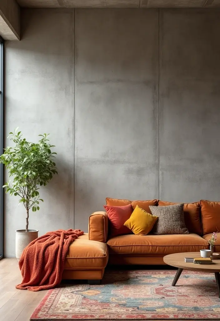 30 Living Room Feature Wall Ideas That Wow Instantly - 24. Concrete Finish Wall