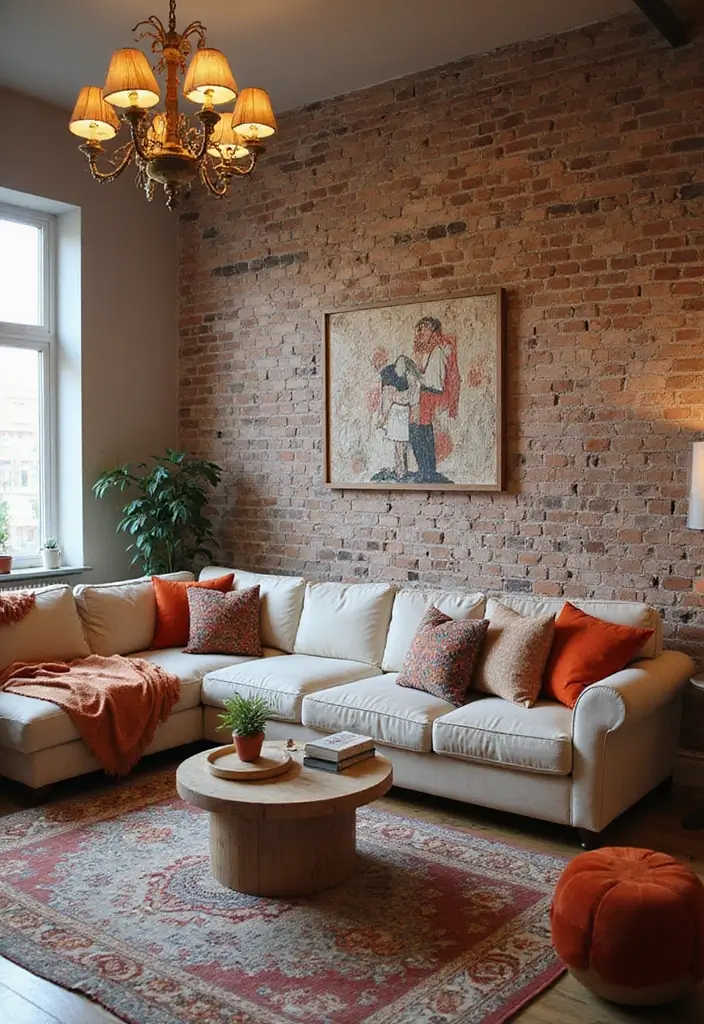 30 Living Room Feature Wall Ideas That Wow Instantly - 27. Reclaimed Brick Wall