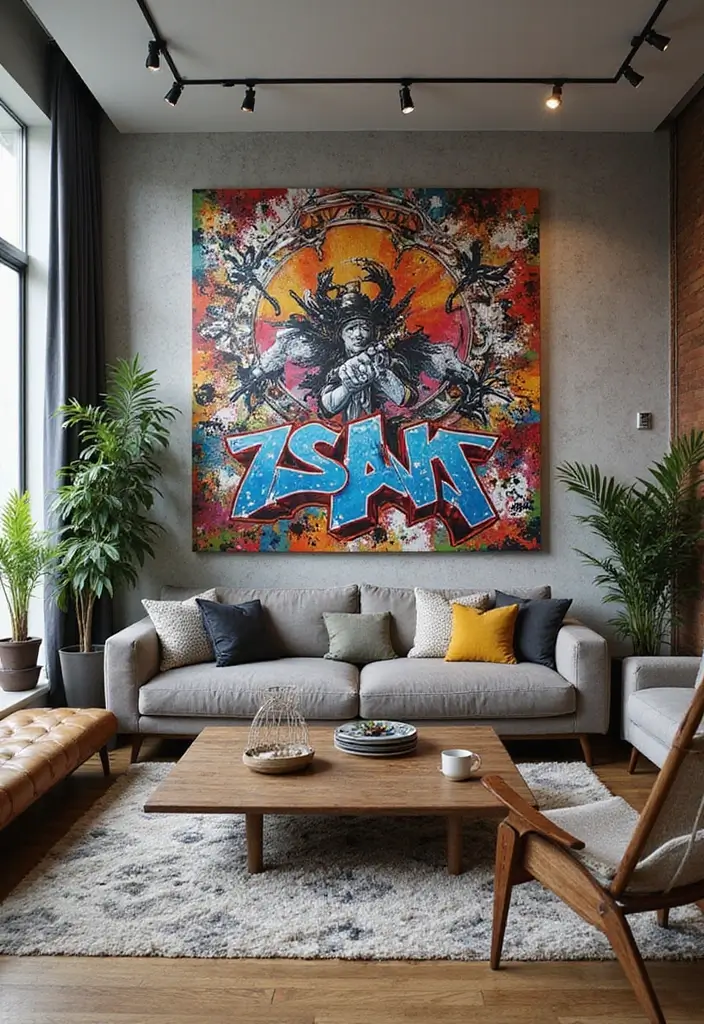 30 Living Room Feature Wall Ideas That Wow Instantly - 28. Custom Graffiti Art