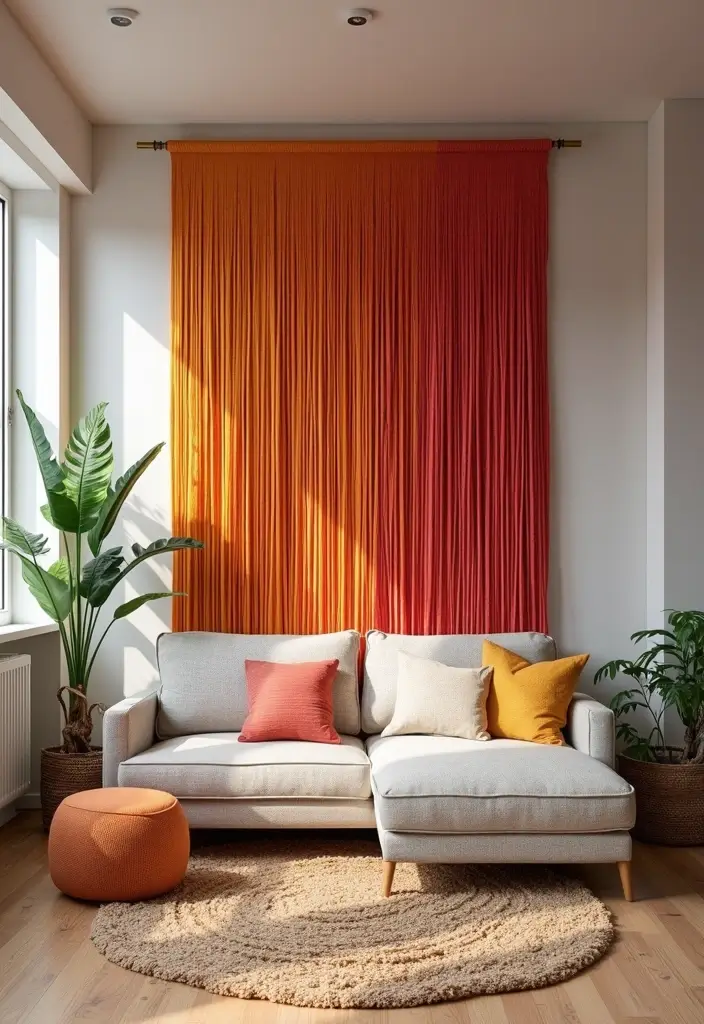 30 Living Room Feature Wall Ideas That Wow Instantly - 30. Colorful Fringe Wall
