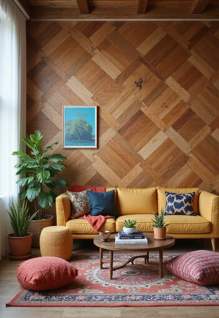 30 Living Room Feature Wall Ideas That Wow Instantly - 5. Geometric Wood Paneling