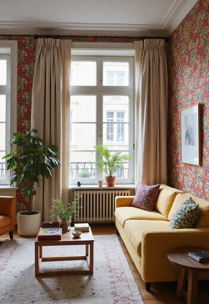 30 Living Room Feature Wall Ideas That Wow Instantly - 6. Bold Patterned Wallpaper