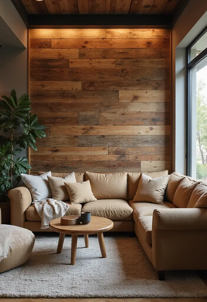 30 Living Room Feature Wall Ideas That Wow Instantly - 7. Reclaimed Wood Feature Wall