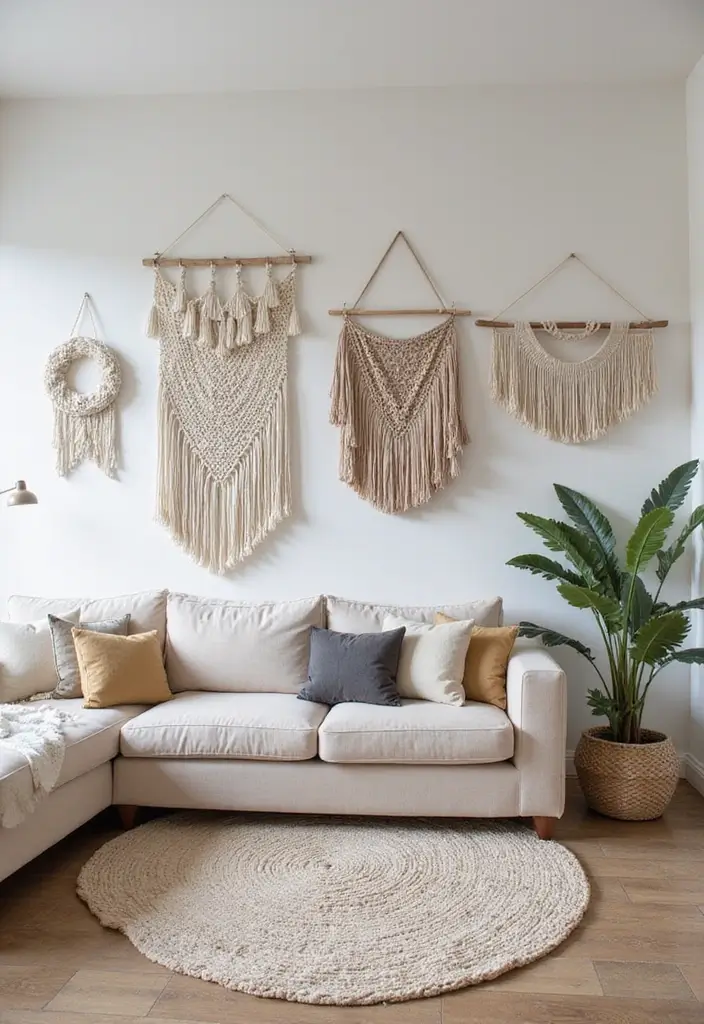 30 Living Room Feature Wall Ideas That Wow Instantly - 9. Fabric Wall Hangings