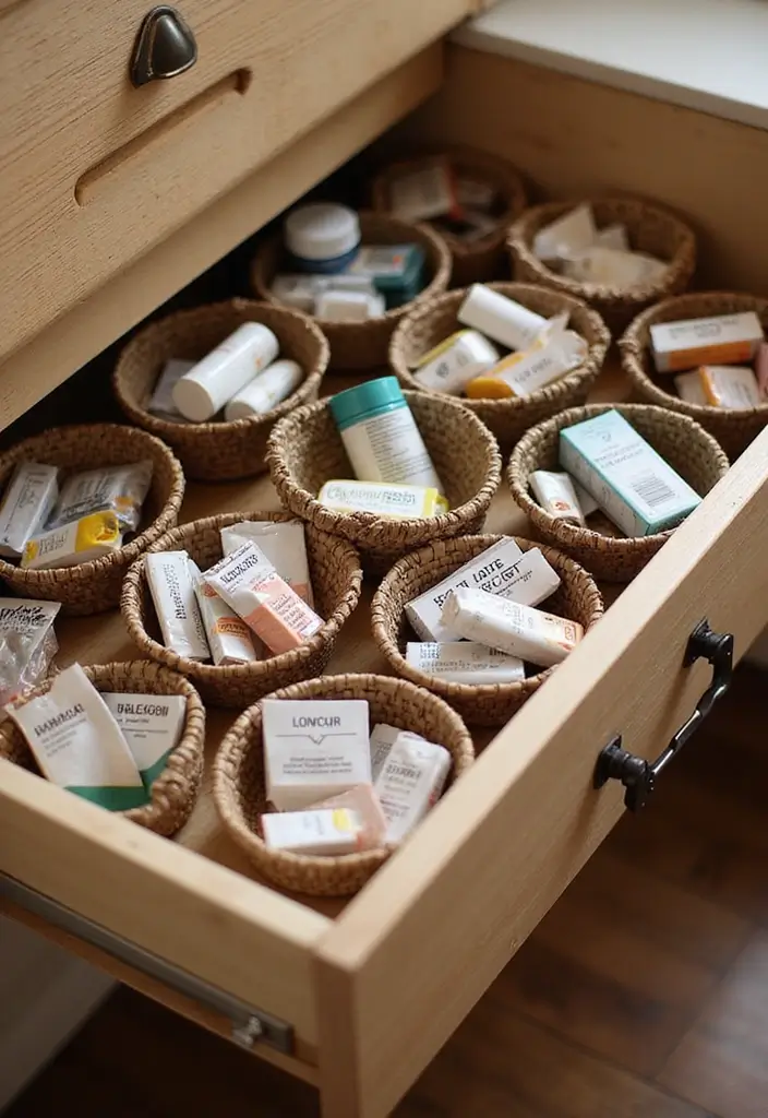 30 Medicine Storage Ideas That Are Safe and Organized - 8. Labeled Baskets in Drawers