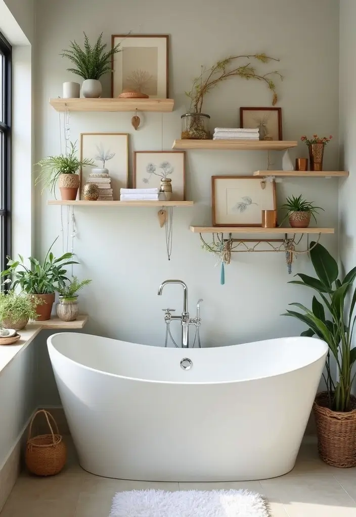30 Over-the-Toilet Storage Ideas That Are Smart and Stylish - 11. Chic Wall Art with Shelves